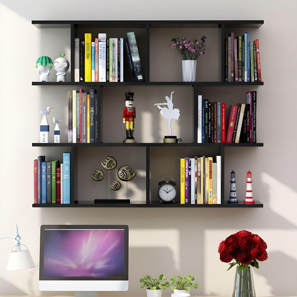KWOKING Wall Mounted Bookcase Engineered Wood Bookshelf Open Bookcase Bookshelf Wall Hanging Wall Locker Shelf Bedroom Wall Lattice Wine Rack Hanging Wall Cabinet Black 47.2" L x 7.9" W x 37.9" H