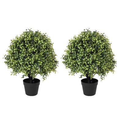 24" Faux Boxwood Plants Outdoor, Artificial Topiary Ball Trees Set of 2, UV Resistant Fake Potted Evergreen Realistic Greenery Bushes Shrubs for Outside Front Porch Planter Patio Indoor Decor 2ft Tall