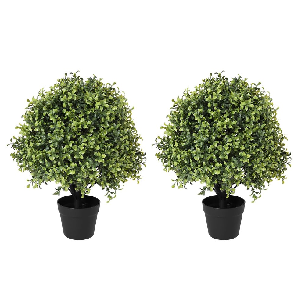 24" Faux Boxwood Plants Outdoor, Artificial Topiary Ball Trees Set of 2, UV Resistant Fake Potted Evergreen Realistic Greenery Bushes Shrubs for Outside Front Porch Planter Patio Indoor Decor 2ft Tall