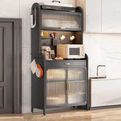 5 -Tier bakers racks for kitchens, bakers rack with drawers, Large Metal Coffee Bar Cabinet - with Transparent Flip Switch Door Design,DIY backplane creative, 4 Hooks ( Color : Black , Size : L-60CM/2