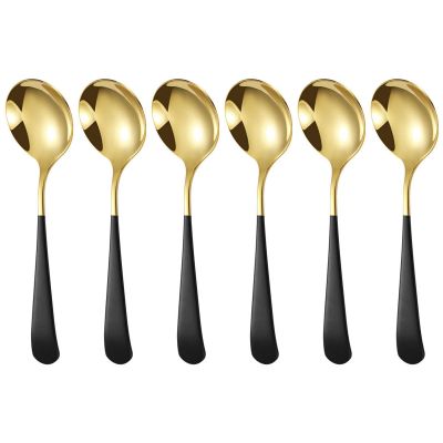 Soup Spoons Stainless Steel 304 Stainless Steel Round Head SpoonsModern and Fashionable Thick Short handle Korean Spoon for Soup, Grain, Dessert, Fruits, Milk Tea (black 6 Pack)