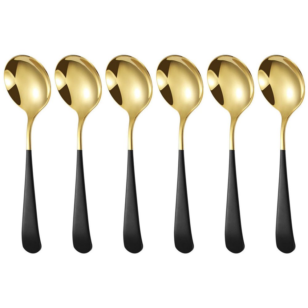 Soup Spoons Stainless Steel 304 Stainless Steel Round Head SpoonsModern and Fashionable Thick Short handle Korean Spoon for Soup, Grain, Dessert, Fruits, Milk Tea (black 6 Pack)
