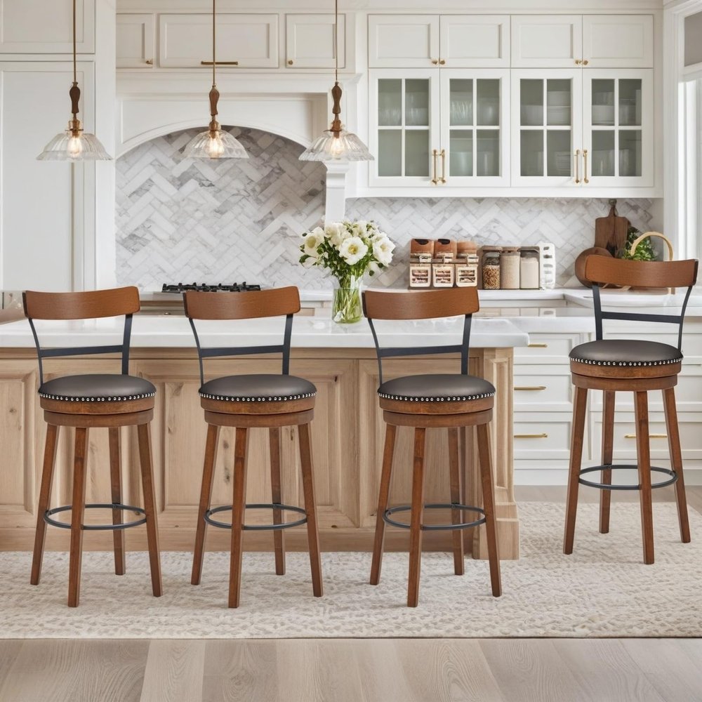 ERGOMASTER Bar Stools Set of 4 Swivel Bar Height Bar Stools for Kitchen Island, PU Leather Upholstered Barstools with Back & Solid Rubber Wood Legs & Metal Footrest, Seat Height 30.5 Inch, Brown