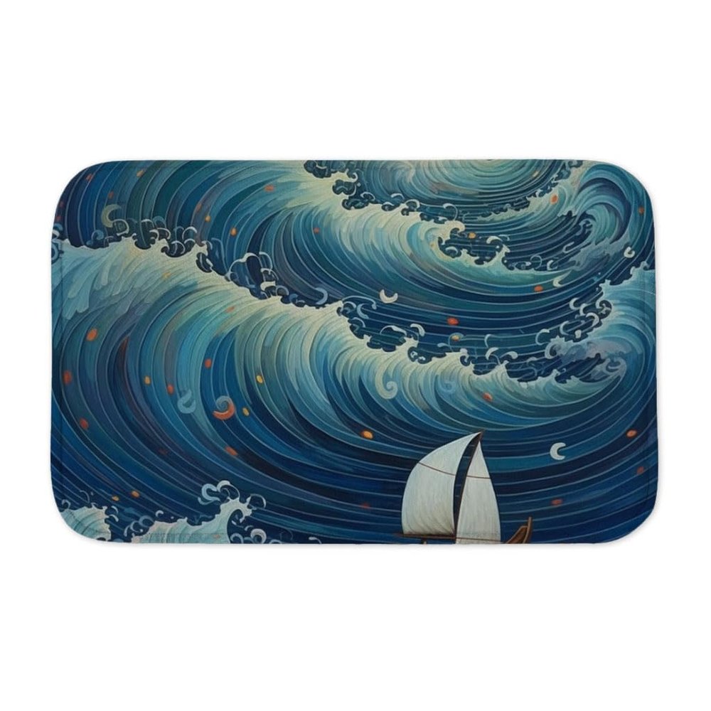Sailing Boat on Waves Bath Mat - Presents for Ocean Lovers - Best Birthday Presents - 34 x 21 inches