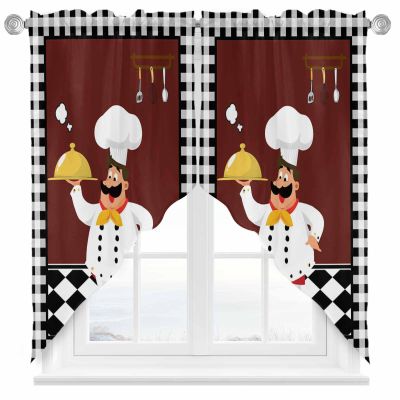 2 Piece Curtain Valances for Windows, Black and White Checkered Kitchen Chef Food Knife and Fork Kitchen Curtains Set, Light Filtering Small Window Valance Curtains Panels for Bathroom Bedroom 28"x36"