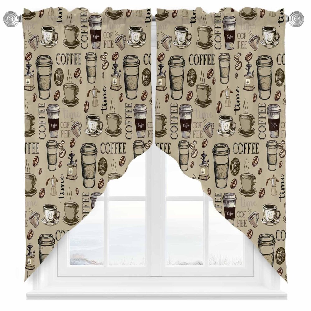 2 Piece Curtain Valances for Windows, Coffee Posters Design Coffee Bean Cup Old Days Style of Art Kitchen Curtains Set, Light Filtering Small Window Curtains Panels for Bathroom Bedroom 36"x36"