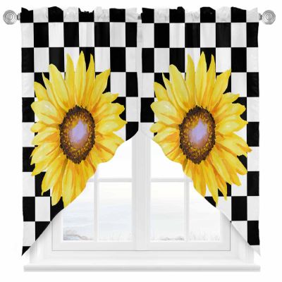 2 Piece Curtain Valances for Windows, Sunflower Black and White Lattice Kitchen Curtains Set, Light Filtering Rod Pocket Small Window Valance Curtains Panels for Bathroom Bedroom 36"x45"