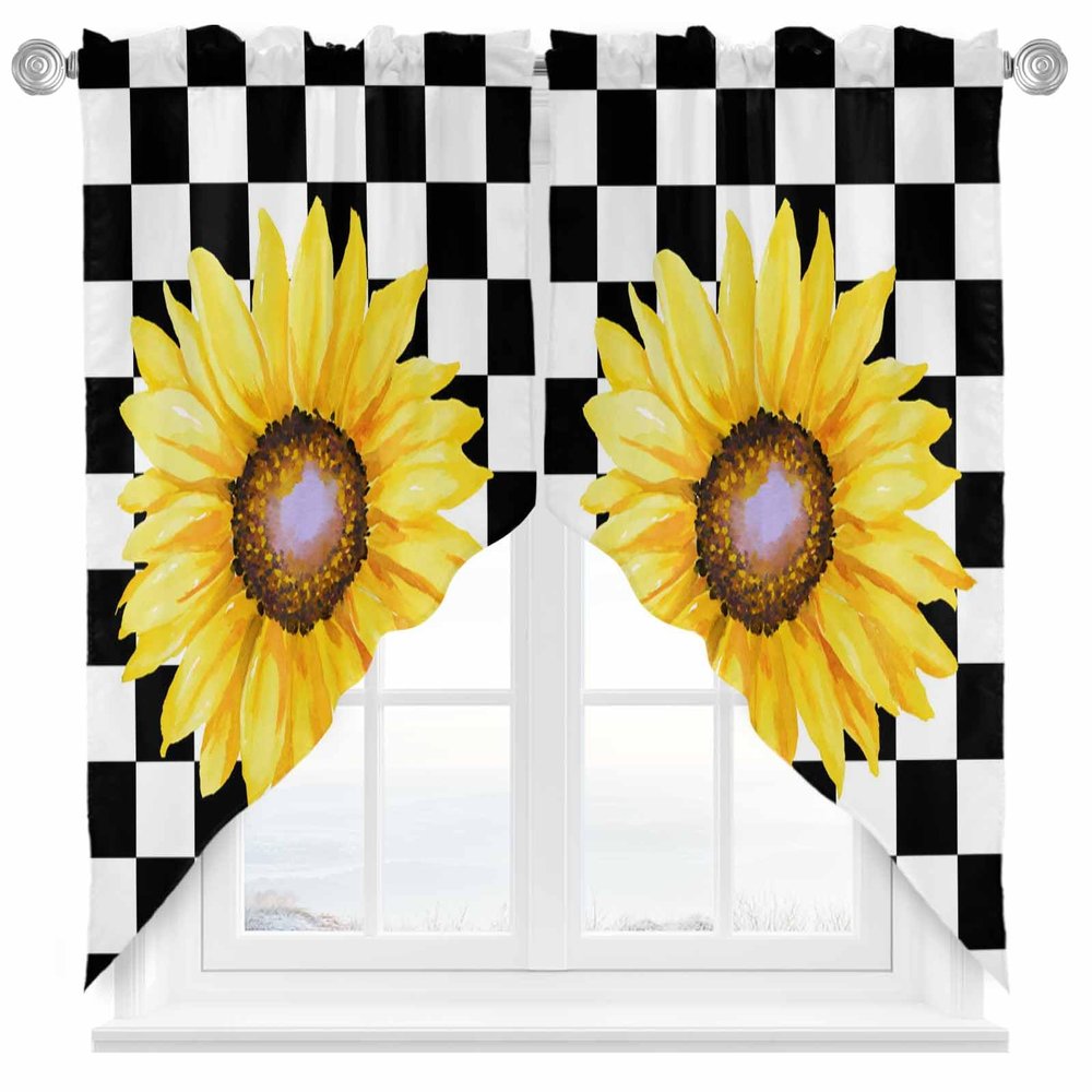 2 Piece Curtain Valances for Windows, Sunflower Black and White Lattice Kitchen Curtains Set, Light Filtering Rod Pocket Small Window Valance Curtains Panels for Bathroom Bedroom 36"x45"
