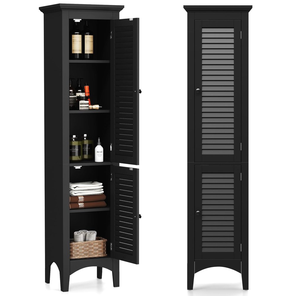 Giantex 63 Tall Bathroom Cabinet, Narrow Floor Cabinet w/ 2 Louvered Doors & Adjustable Shelf, Elevated Legs & Anti-toppling Design, Freestanding Storage Organizer for Bathroom, Living Room, Kitchen