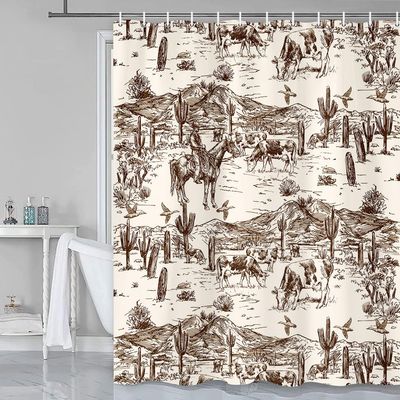 Grtuspr Western Cowboy Shower Curtain, Wild West Horseh Desert Cactus Restroom Curtain, Vintage Milk Cow Wild Goose Printed Country Farm Hand Drawn Fabric Bathroom Decor Curtain Set for Boys Kids Men