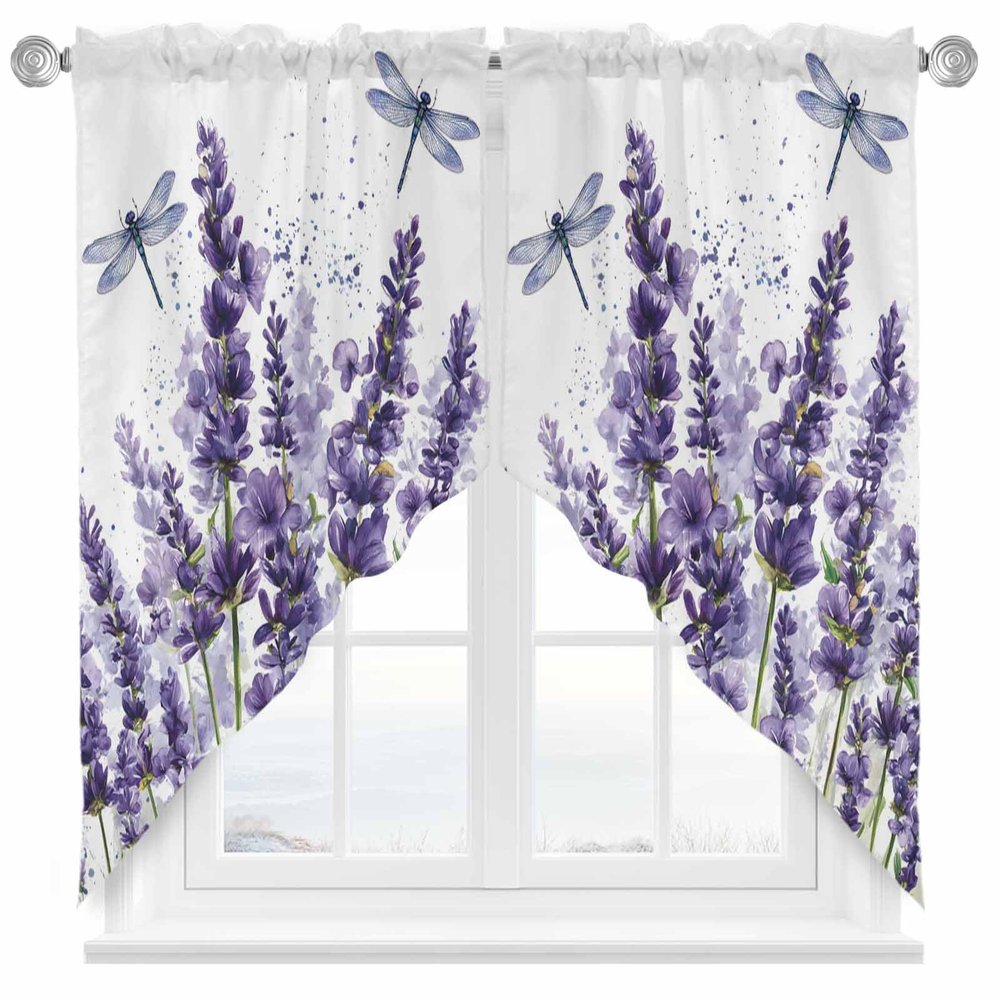 2 Piece Curtain Valances for Windows, Lavender Flower Pattern and Dragonfly Purple Kitchen Curtains Set, Light Filtering Rod Pocket Small Window Valance Curtains Panels for Bathroom Bedroom 36"x36"