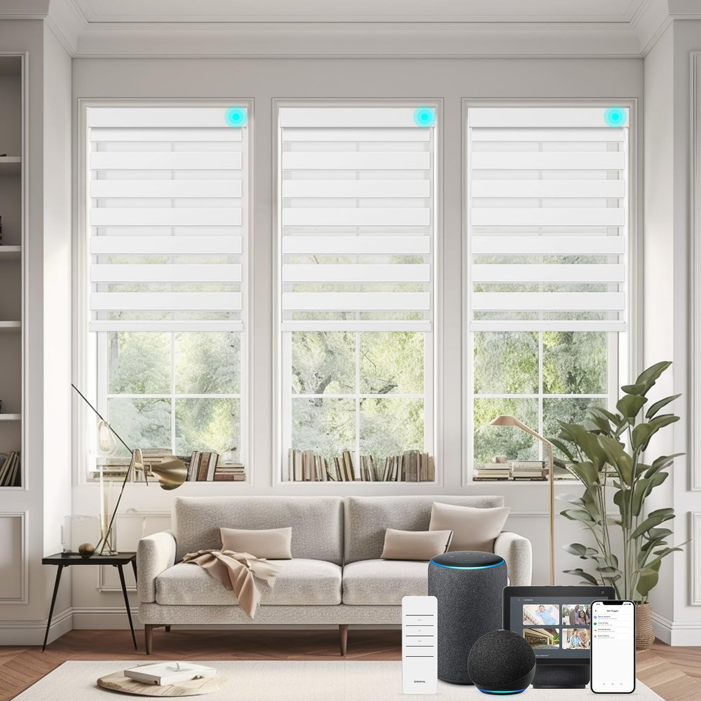 Changshade Custom Smart Motorized Zebra Roller Blinds Shades for Indoor Windows Doors Remote Control, Cordless Electric Automatic Customized Size Work with Alexa, Google Home, Apple HomekitWhite