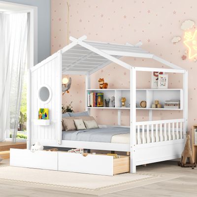 Bellemave Full Size House Bed with Storage Drawers and Shelves, Wood Montessori House Bed Frame, Kids Playhouse Tent Bed for Girls Boys, White