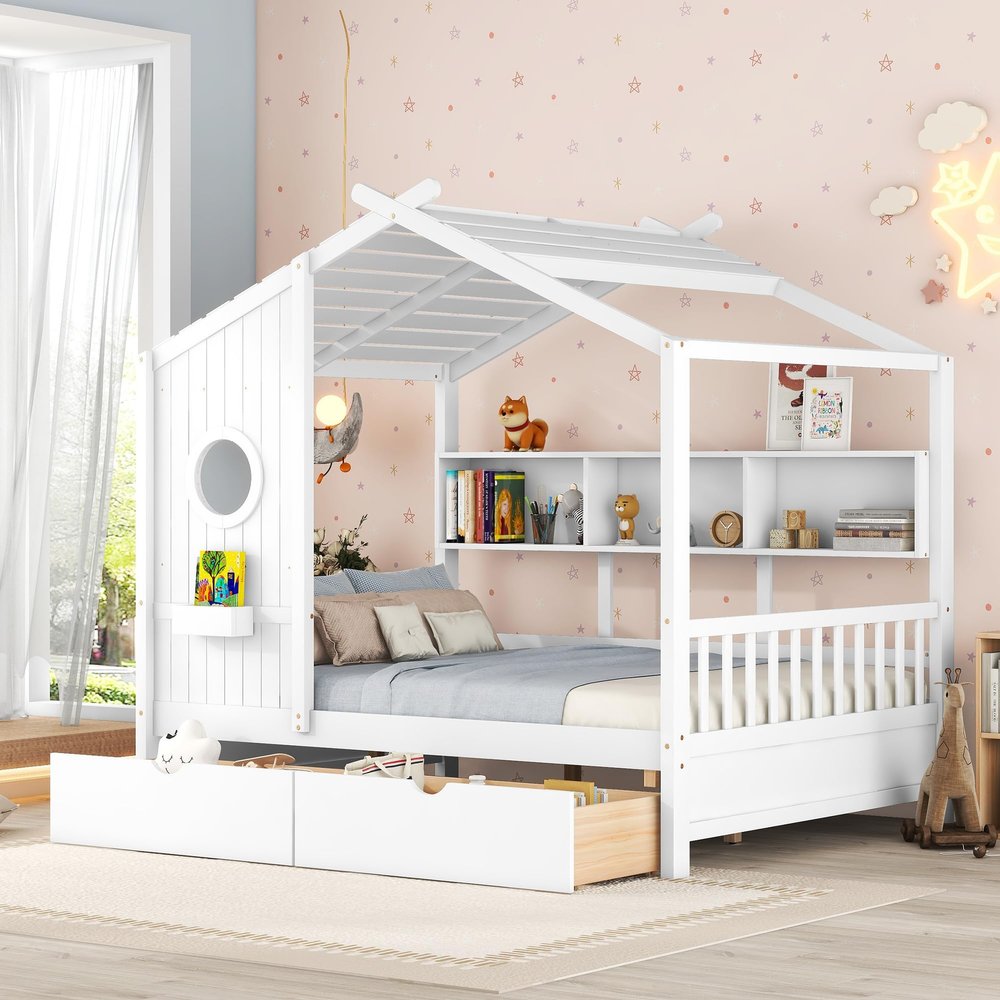 Bellemave Full Size House Bed with Storage Drawers and Shelves, Wood Montessori House Bed Frame, Kids Playhouse Tent Bed for Girls Boys, White