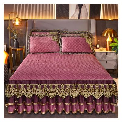 Luxury Velvet Ruffle Bed Skirt King Size Quilted Bedspread Set with 2 Pillow Shams 18Deep Dust Ruffle Drop 3-Pieces Dust Ruffle Drape Fitted Sheet for Bed Cover ( Color : #25 , Size : 180x220CM/71x87