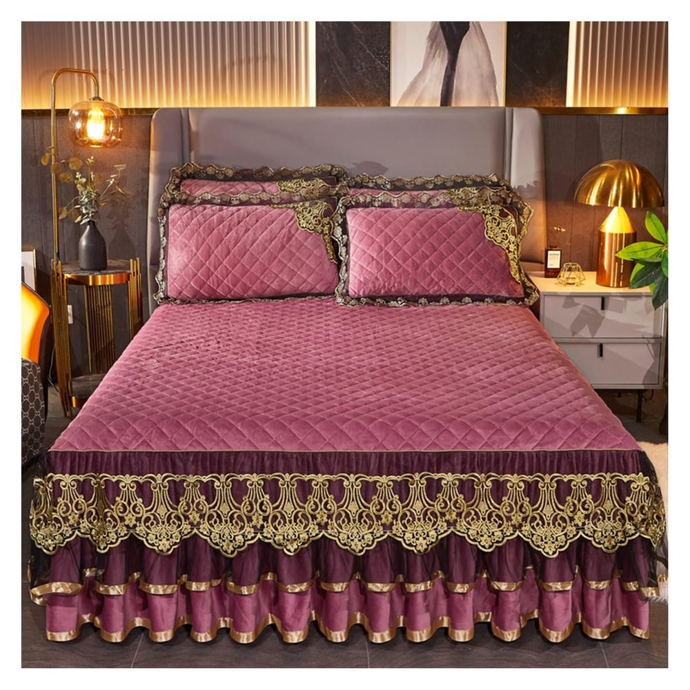 Luxury Velvet Ruffle Bed Skirt King Size Quilted Bedspread Set with 2 Pillow Shams 18Deep Dust Ruffle Drop 3-Pieces Dust Ruffle Drape Fitted Sheet for Bed Cover ( Color : #25 , Size : 180x220CM/71x87