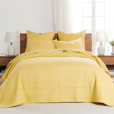 Levtex Home Cross Stitch Reversible King Bedspread Set (120x104in) with 2 Pillow Shams (36x20in) - Stitch Texture - Yellow - Cotton King Size Bedspread Set - Soft, Pre-Washed
