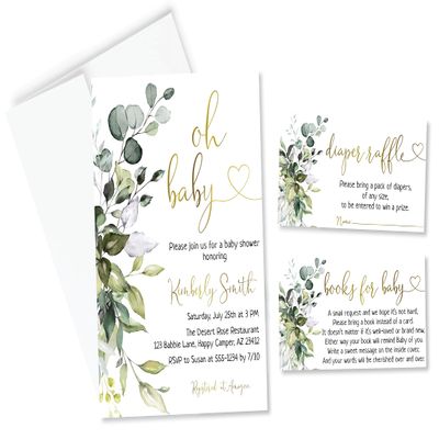 All Ewired Up Personalized Oh Baby Greenery Eucalyptus Shower Invitations and Envelopes, Diaper Raffle Cards, Books for Baby Inserts, Sage in Bloom, Gender Neutral