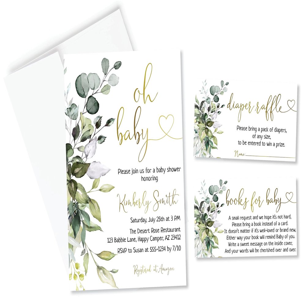 All Ewired Up Personalized Oh Baby Greenery Eucalyptus Shower Invitations and Envelopes, Diaper Raffle Cards, Books for Baby Inserts, Sage in Bloom, Gender Neutral
