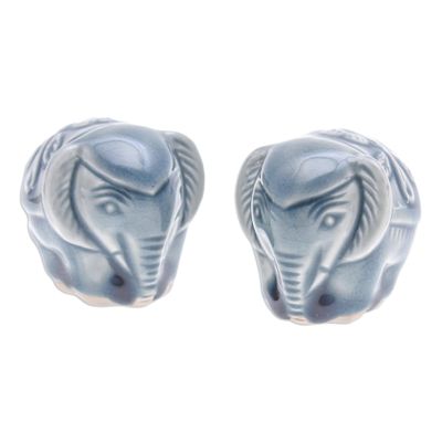 NOVICA Handmade Celadon Ceramic Mini Figurines Elephant Blue Thailand Sculpture Traditional 'Thai Elephants'(Pair)