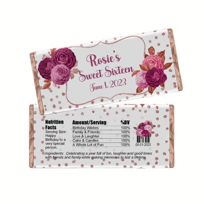 Floral Birthday Party Favors, Personalized Candy Wrappers, DIY Kit, Pack of 20 Custom Chocolate Bar Labels (Rose Gold)
