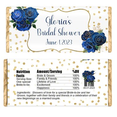 Personalized Candy Wrappers, Floral Party Favors, Pack of 20 Custom Chocolate Bar Labels (Blue)