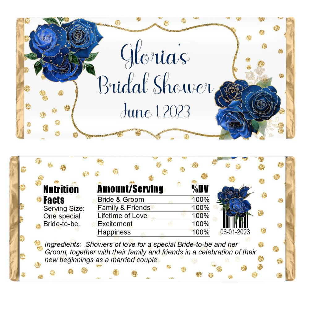 Personalized Candy Wrappers, Floral Party Favors, Pack of 20 Custom Chocolate Bar Labels (Blue)