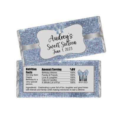Birthday Party Favors, Personalized Candy Wrappers, Coquette Design, DIY Kit, Custom Chocolate Bar Labels, Pack of 20 (Blue)