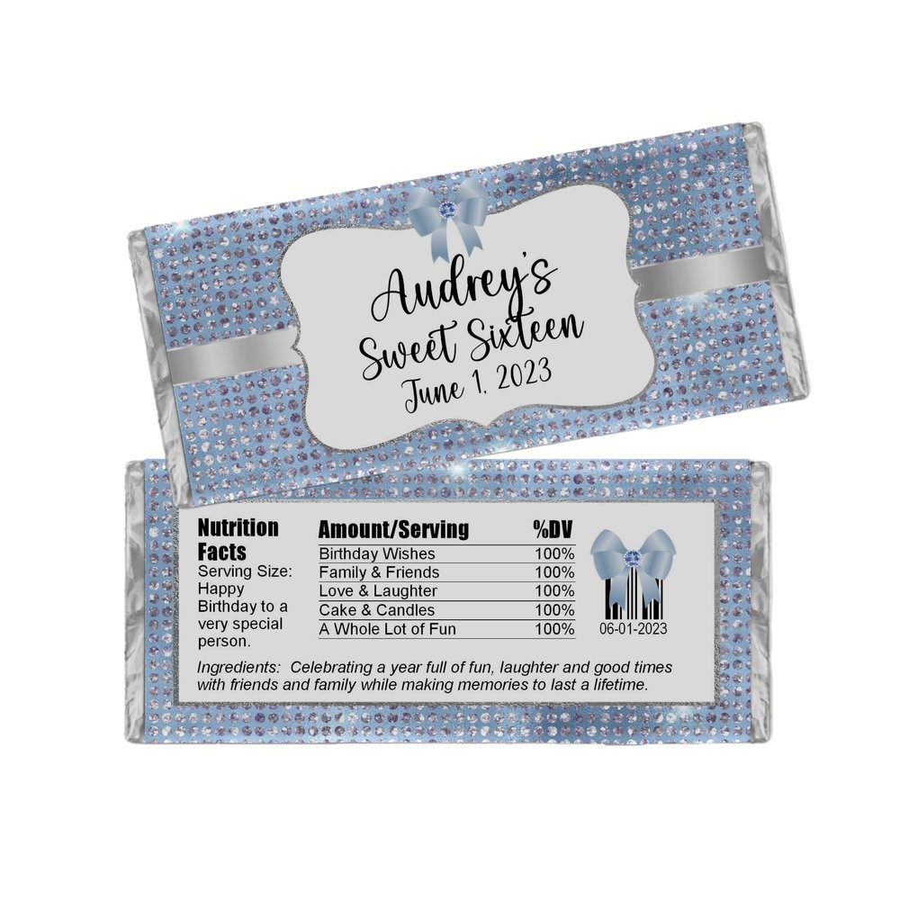 Birthday Party Favors, Personalized Candy Wrappers, Coquette Design, DIY Kit, Custom Chocolate Bar Labels, Pack of 20 (Blue)