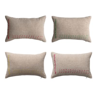 Creative Co-Op 14 Inches Linen Blend Mini Lumbar Line Stitch Design in 4 Styles, Multicolor, Set of 4 Pillows