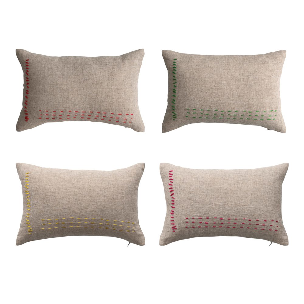 Creative Co-Op 14 Inches Linen Blend Mini Lumbar Line Stitch Design in 4 Styles, Multicolor, Set of 4 Pillows