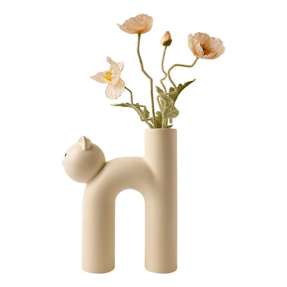 AISEER Scandinavian Style Cute Tubular Cat Vase Arrangement Cat Shaped Ceramic Flower Vase, Unique Kitty Decoration for Home and Living Room, Decorative Vase for Table(Flowers Not Included)