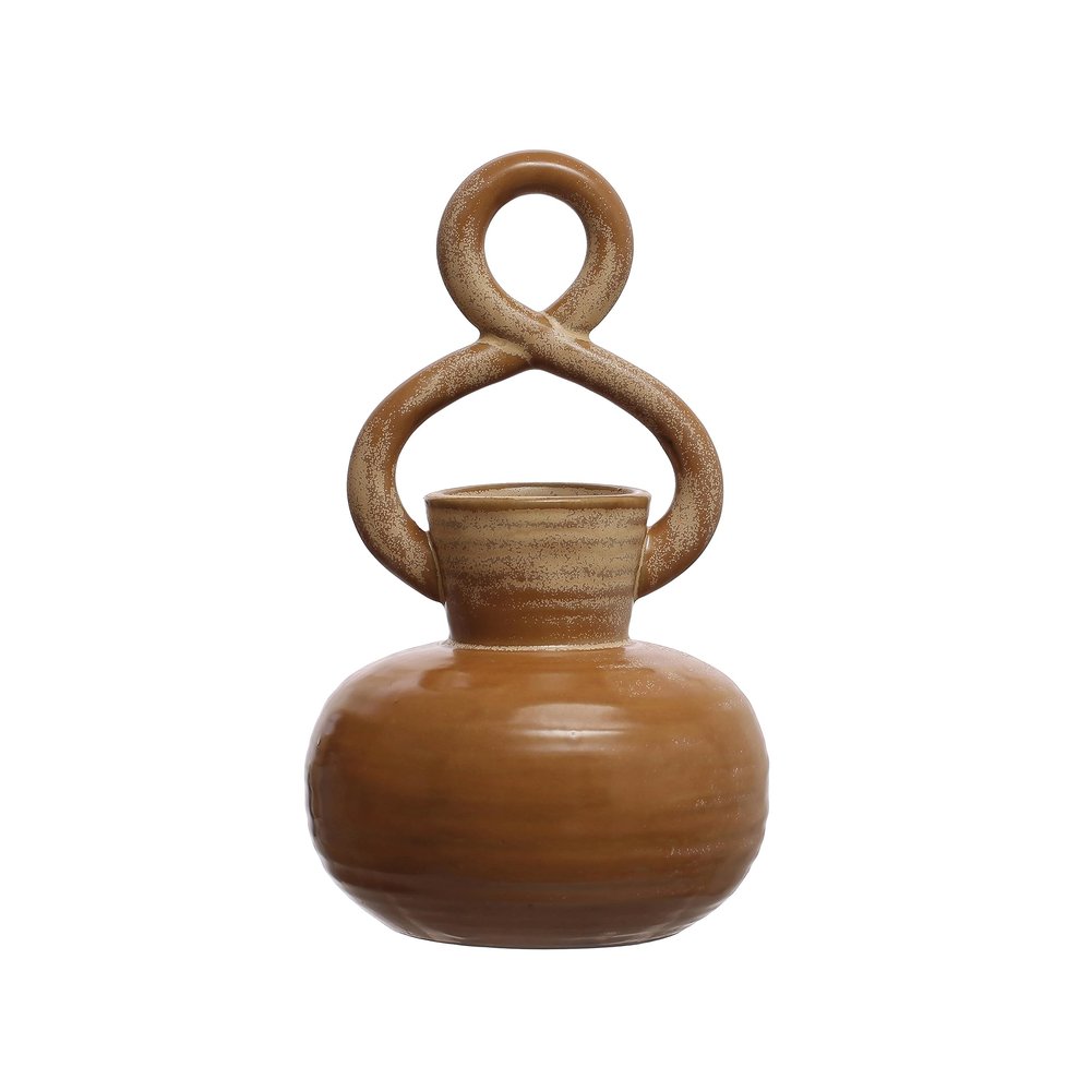 Bloomingville Round Decorative Stoneware Vase with Twisted Handle and Reactive Glaze, Brown