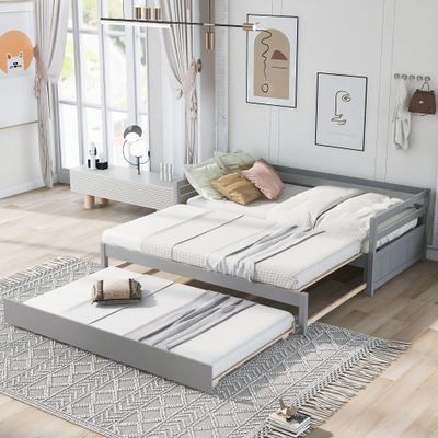 Merax Modern Extending Daybed with 2 Pop Up Trundle Beds Twin to King Wood Sofa Day Bed with Headboard No Box Spring Needed Grey