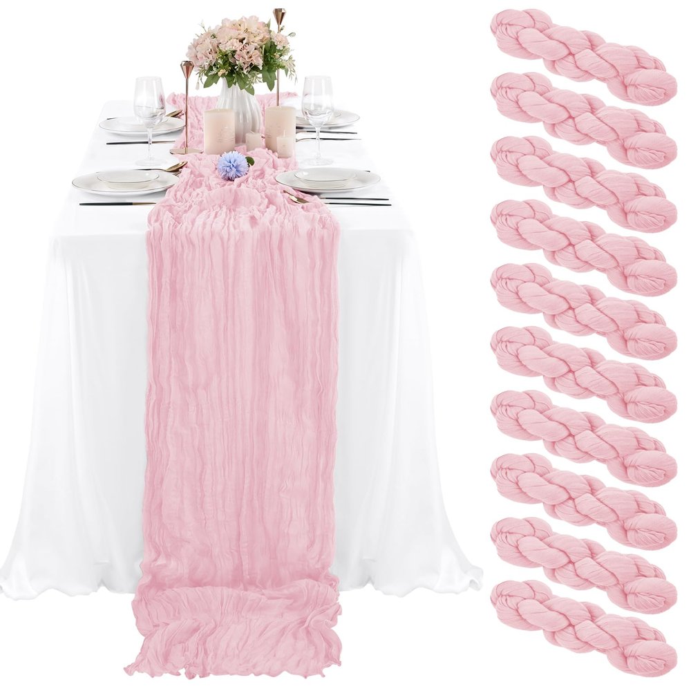 10 Pcs Light Pink Cheesecloth Table Runner 10FT, Gauze Table Runner for Wedding Reception Sheer Bridal Shower Birthday Party Boho Table Decoration, Rustic Romantic Wedding Runner