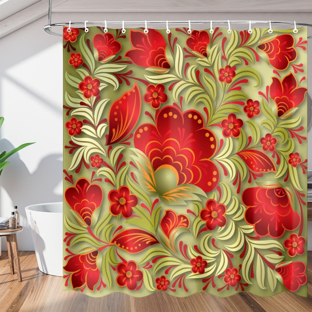 bisibuy Decorative Flower Shower Curtains Modern Farmhouse Fabric Shower Curtain Gold Red Bathroom Curtain Set with Hooks 72"x72"
