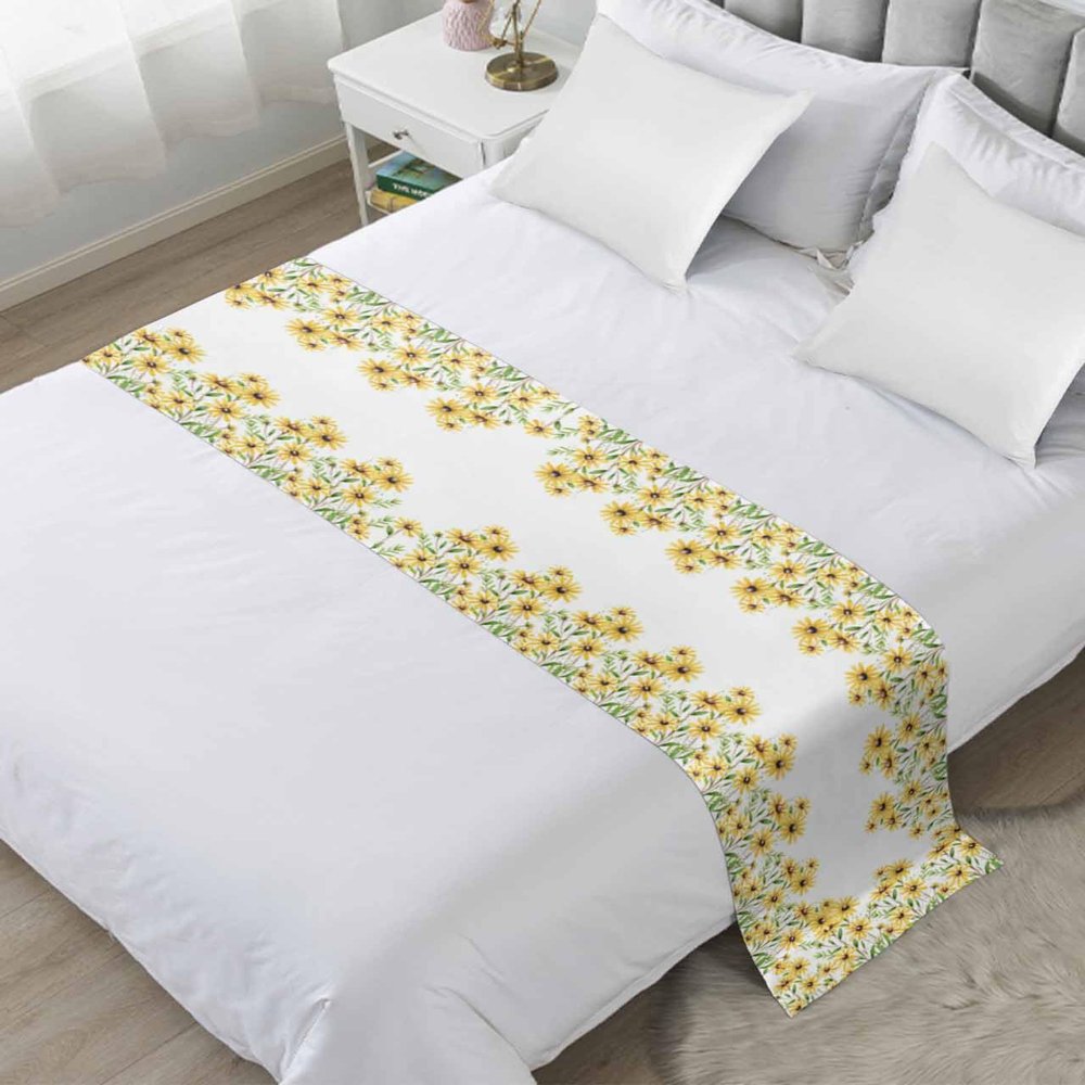 Yellow White Flower Bed Runner Scarf Cal King Size, Luxury Bed Throw Runners & Scarves for Twin Full Queen King Foot of Bed, Bedroom Hotel Wedding Room Decoration, Country Rustic Daisy Flower 102"x20"