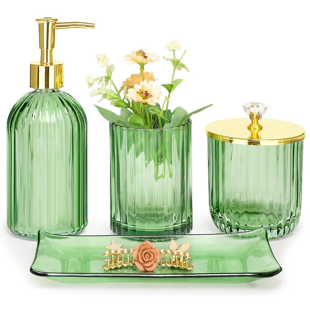 Haturi Bathroom Accessories Set, 4 Pcs Green Glass Bathroom Accessory Set Complete w/Lotion Soap Dispenser, Toothbrush Holder, Qtip Holder, Vanity Tray, Gold Bathroom Decor, Gift for Home Apartment