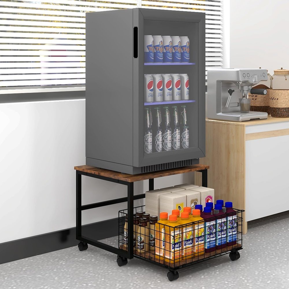 19.7"x19.7" Mobile Mini Fridge Stand with Large Storage Pull-Out Basket and Lockable Wheels Heavy Duty Compact Refrigerator Table Rolling Appliance Cart for Dorm Bedroom Apartment