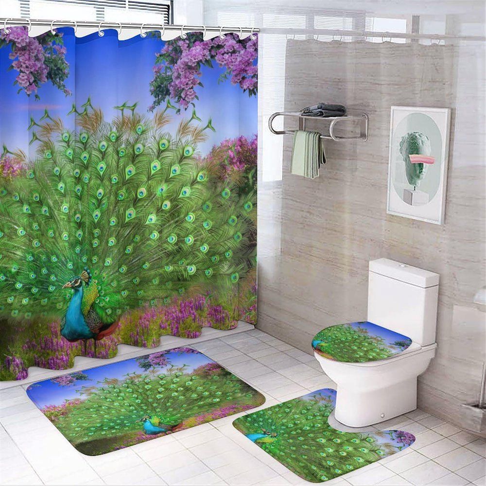 Beautiful Peacock 4 Pcs Waterproof Shower Curtain Set,Watercolor Spring Garden Theme Purple Flowers Peacock with Waterproof Toilet Cover Shower Mat Rugs