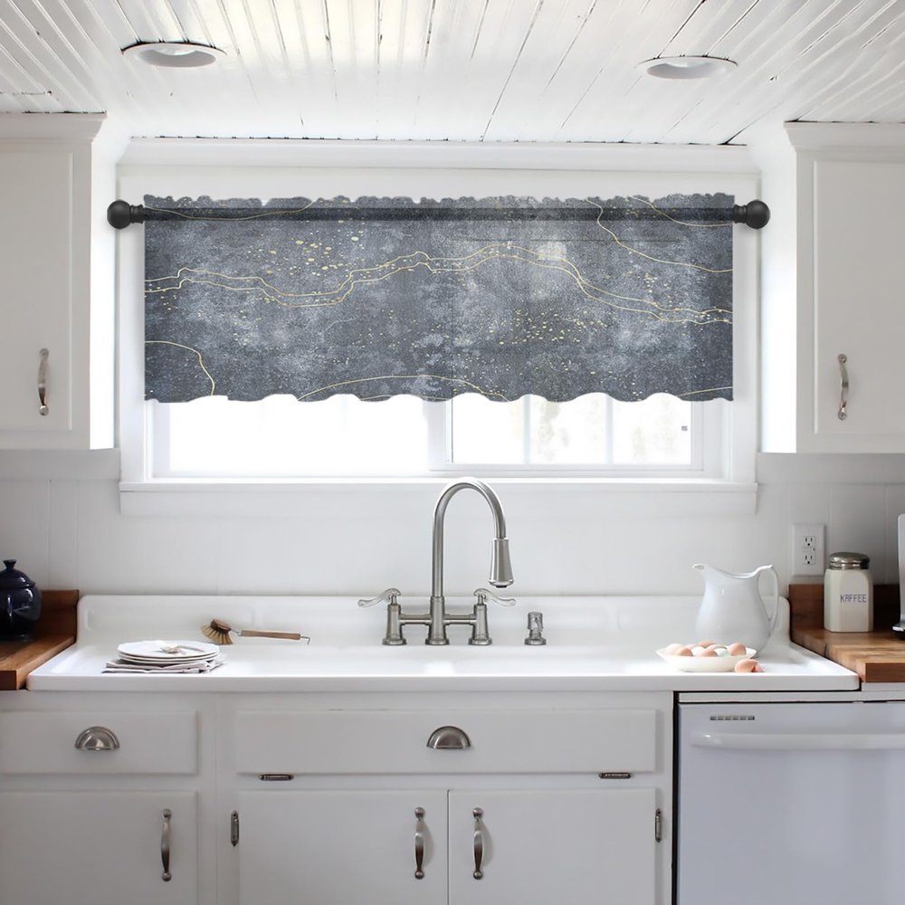 Abstract Valance Curtains for Kitchen/Living Room/Bathroom/Bedroom Window,Rod Pocket Small Topper Half Short Window Curtains Voile Sheer Scarf, Modern Ombre Blue Grey Minimalist Gold Stripes 54"x18"