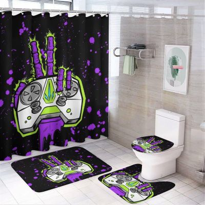 Vintage Gamer Hand Gamepad 4 Pieces Shower Curtain Set,Cool Watercolor Graffiti Cartoon Video Game Controller Non-Slip Rugs Toilet Lid Cover Bath Mat and Bathroom Curtain