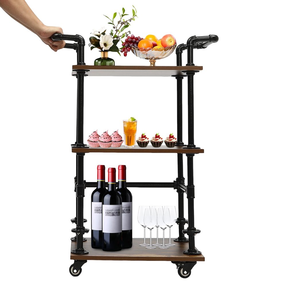YIYIONCE 3-Tier Industrial Rolling Bar Cart, Beverage Cart, Bar Shelves for Liquor Bottles, Wine Rack Carts on Wheels with Storage, Carts for Bar, Garden,Office & Kitchen (Brown) | US Stock