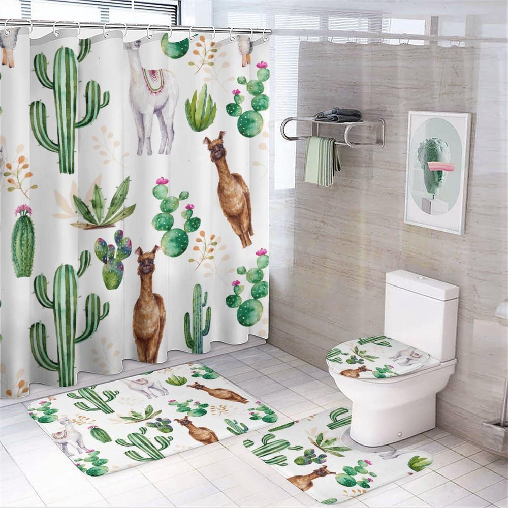 Watercolor Lovely Alpaca 4 Pcs Waterproof Shower Curtain Set,Rustic Western Farmhouse Tropical Desert Succulent Cactus with Waterproof Toilet Cover Shower Mat Rugs