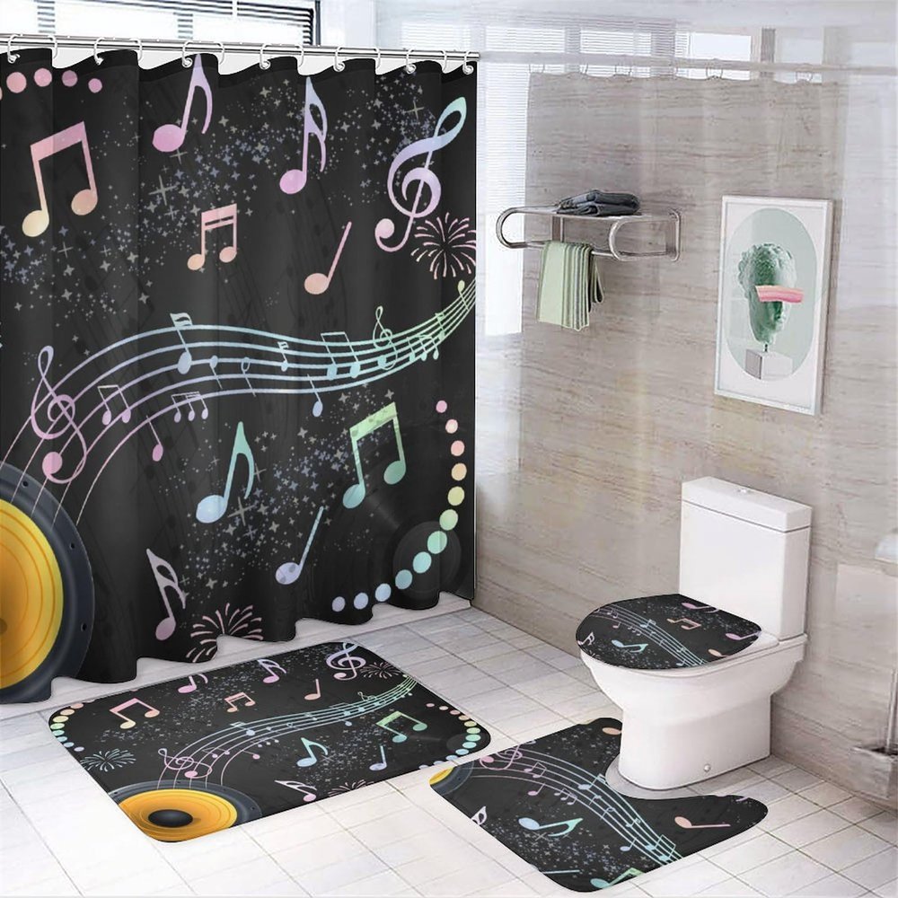 Fantasy Music Note Theme 4 Pieces Shower Curtain Set,Abstract Modern Rainbow Colorful Symbol Design Non-Slip Rugs Toilet Lid Cover Bath Mat and Bathroom Curtain