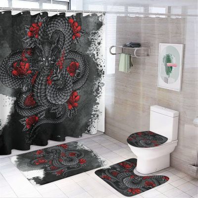 The Ancient Dragon of The East 4 Pcs Waterproof Shower Curtain Set,The Mysterious Black Dragon Asian Abstract Art Style with Waterproof Toilet Cover Shower Mat Rugs