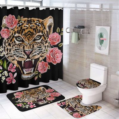 Abstract Red Rose Cheetah 4 Pcs Waterproof Shower Curtain Set,Summer Tropical Jungle Wildlife Leopard Print with Waterproof Toilet Cover Shower Mat Rugs