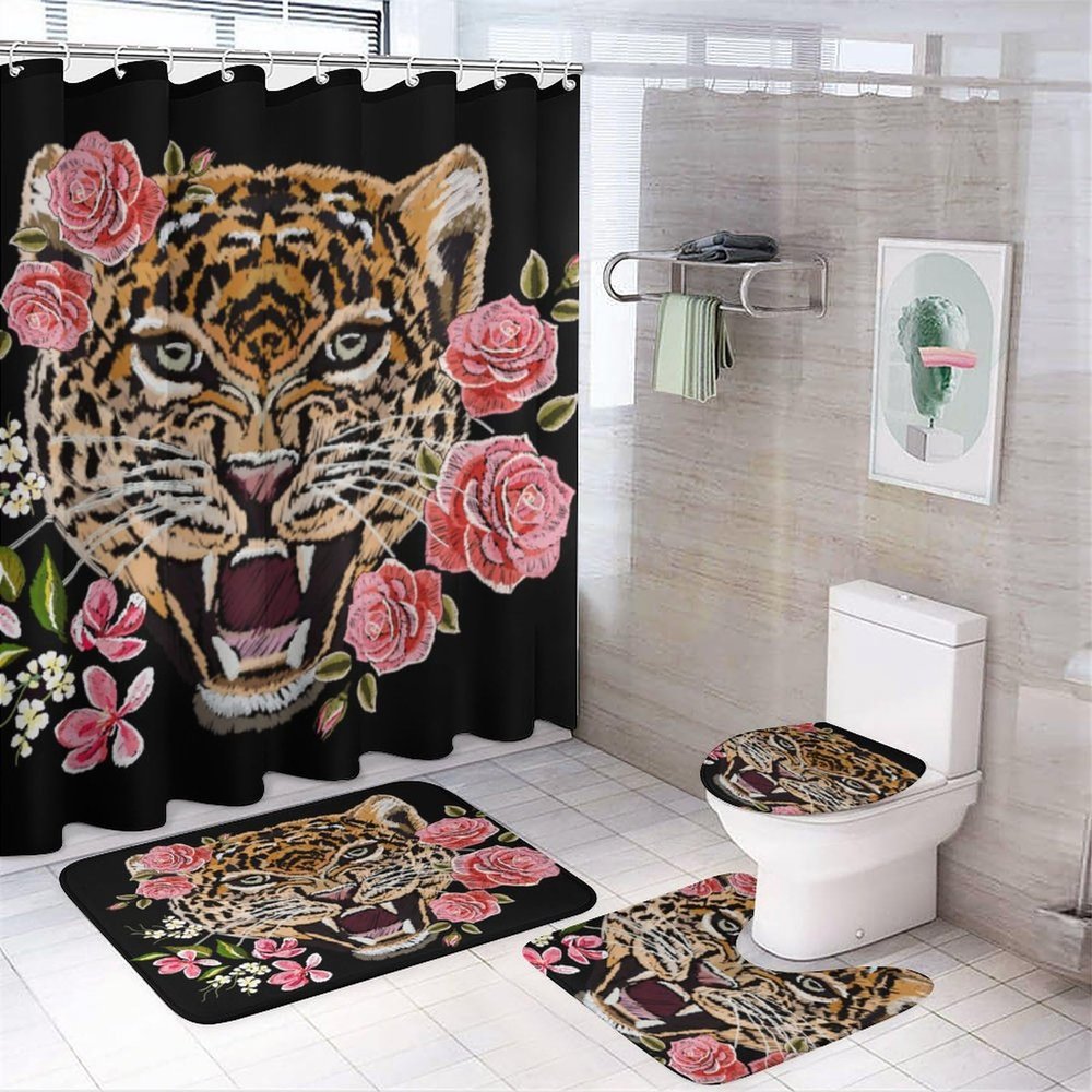 Abstract Red Rose Cheetah 4 Pcs Waterproof Shower Curtain Set,Summer Tropical Jungle Wildlife Leopard Print with Waterproof Toilet Cover Shower Mat Rugs