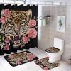 Abstract Red Rose Cheetah 4 Pcs Waterproof Shower Curtain Set,Summer Tropical Jungle Wildlife Leopard Print with Waterproof Toilet Cover Shower Mat Rugs view 1