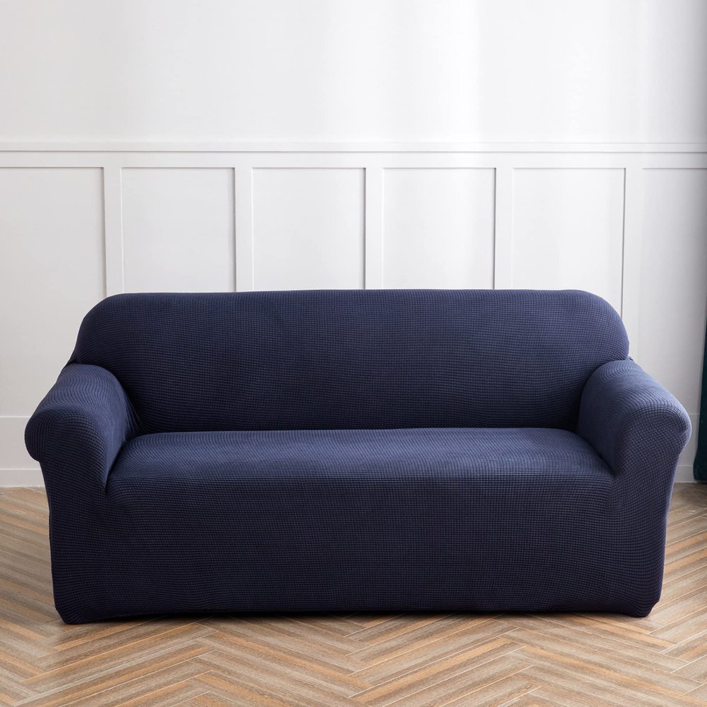 FLYIFE 1 Piece Non-Slip Stretch Loveseat Slipcover Sofa Cover,Spandex Jacquard Sofa Cover for Loveseat with Elastic Bottom for Living Room,Dark Blue,4 Seater(235-300cm/92-118inch)